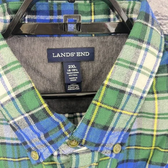 Lands' End Mens Flannel Shirt Traditional Fit 2XL Tall 18-18 1/2 NEW Green Blue - Picture 4 of 4